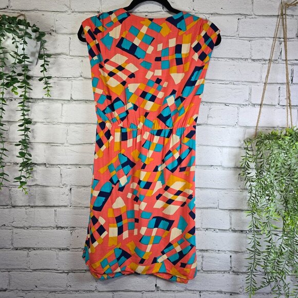 WOMENS CORAL CONFETTI PRINT SHIFT DRESS 100% RAYON VNECK CROSS FRONT SIZE SMALL - Picture 4 of 6
